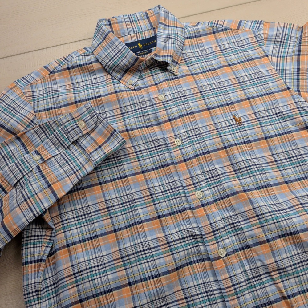 Ralph Lauren Plaid Button Down Shirt Mens M Custom Fit Orange Blue Flesh Pony